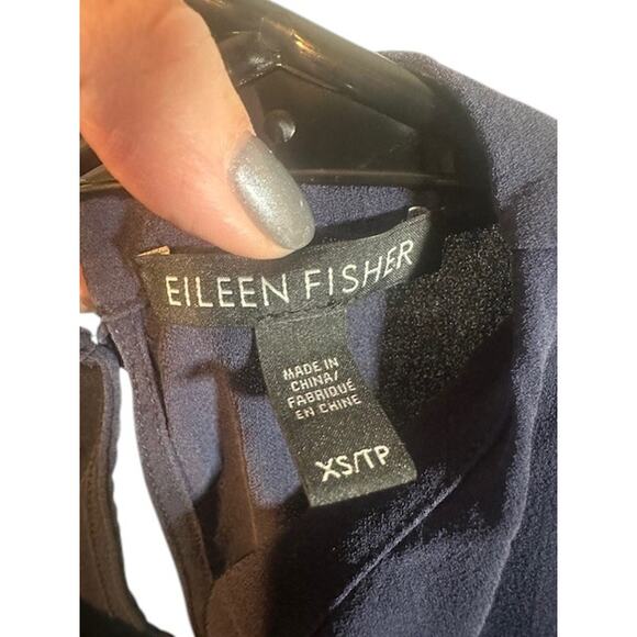 Eileen Fisher Navy Blue Silk Mock Neck Sleeveless Side Slit Blouse Women Sz XS - Picture 8 of 9